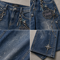 Produsen Pakaian TaiDe Custom Made Vintage Wash Baggy Wide Leg Jeans Chain Charm Rhinestone Beading Star Whisker OEM ODM