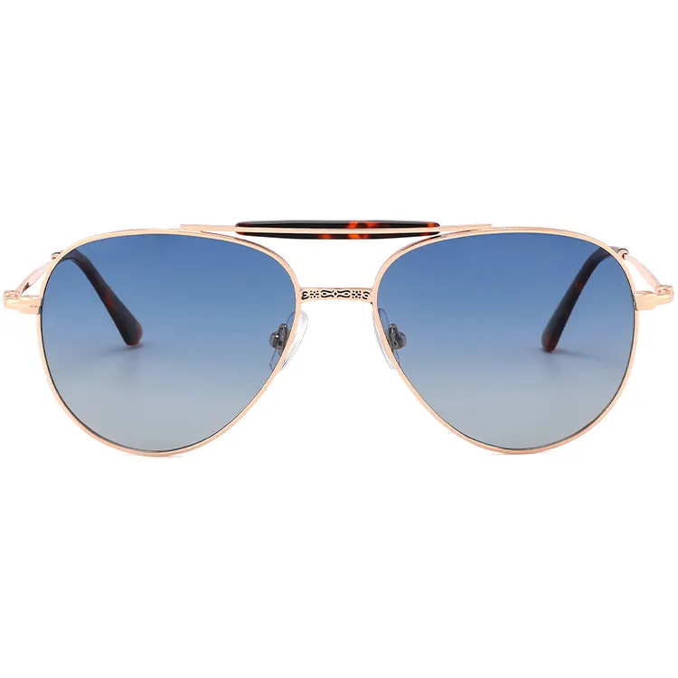 High Quality Double Bridge Round Circle Style Frame Pilot Sunglasses Vintage Polarized Sunglasses Blue Lens Metal Sunglasses