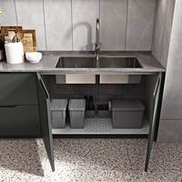 Meubles de cuisine OPPEIN en forme de L, aspect métallique, forte capacité de rangement, peinture laquée, avec comptoir en quartz