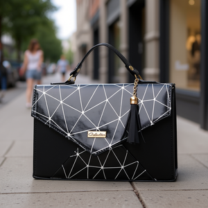 Bolso Bandolera para Mujer Fana, Asa Única, Negro, Patrón Geométrico, PU Impermeable, Decorado con Cadena - Product Image 2