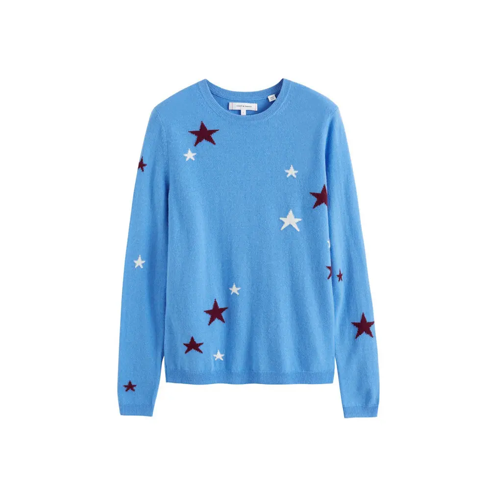 Hdcp007 Intarsia Star Dames Mode Casual Kersttrui 12gg Fijne Gebreide Ronde Hals Wollen Kasjmier Blend Ster Trui