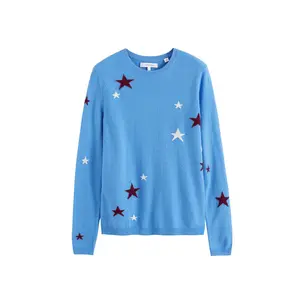HDCP007 Intarsia Star Sweater bintang kasmir wanita, Jumper Natal kasual modis 12GG rajutan halus leher kru campuran wol