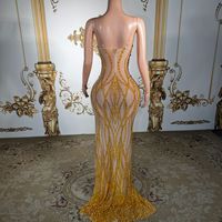 Robe longue de soirée de luxe dorée à strass, sexy, à fines bretelles et fente, pour spectacle et fête