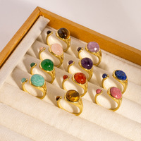 Nouvelle bague ouverte ovale en acier inoxydable avec double perle en pierre de lapis-lazuli, œil de tigre et quartz rose
