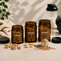 Botol Suplemen Kaca Amber untuk Kapsul, Tablet, Kemasan Bubuk Protein dengan Label Kustom, Pasokan Pabrik OEM ODM