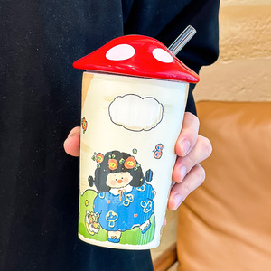 New Design 16oz <b>Ceramic</b> Coffee Mug <b>Cup</b> with Mushroom Lid and Straw - Product Image 5