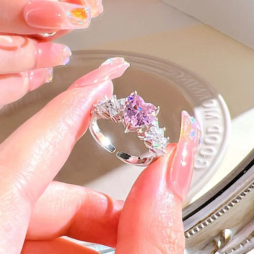 Luxe Delicate Bling Sweet Pink Zirkoon Vinger Ring Vrouwen Bruiloft Metalen Geometrische Hart Vlinder Verstelbare Meisjes Ring