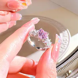 Luxury Delicate Bling Sweet Pink Zircon Finger Ring Women's Wedding Metal Geometric Heart Butterfly Adjustable Girls Ring