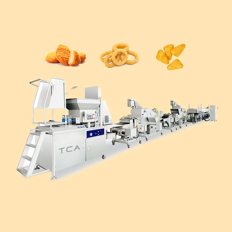 टीसीए पूर्ण स्वचालित चिकन नगेट्स हैमबर्गर पैटी प्रेस बर्गर मेकर मशीन उत्पादन लाइन