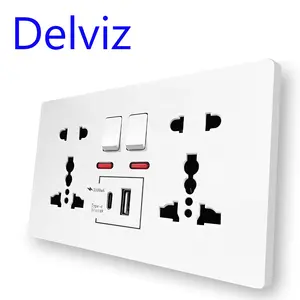 Delviz เต้าเสียบไฟฟ้าคู่อเนกประสงค์, 13A ควบคุมสวิตช์, พอร์ต USB 5V, 3A 18W ชนิด C ผนังชาร์จเร็วซ็อกเก็ตอัจฉริยะ