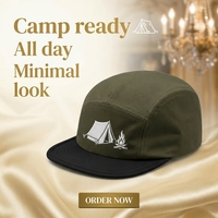 Casquette de camping décontractée 5 panneaux en tissu texturé avec visière incurvée, légère, idéale pour les voyages et la randonnée (vente en gros)