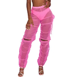 حار الوردي الصيف المرأة مثير Clubwear عالية الخصر الجانب عقدة تفاصيل قطع بقماش شفاف السراويل دون اللباس الداخلي