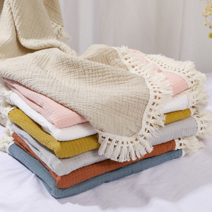 Couverture pour nouveau-né 100% <span class=keywords><strong>coton</strong></span> mousseline, à franges avec pompons, motif étoiles et lunes, respirante toute saison - Product Image 3