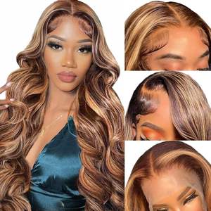 Perruque naturelle noire avec mèches blondes, mélange de couleurs, ondulée, bouclée, pré-épilée, avec dentelle transparente HD, en cheveux humains vierges bruts - Product Image 4