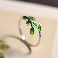 Bague ouverte en cuivre cloisonné feuille verte pour femme, style antique, rétro, littéraire et artistique