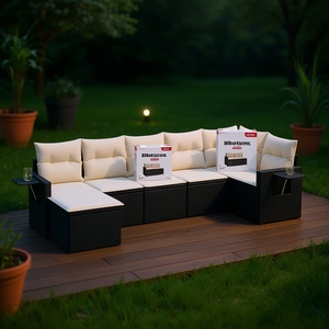 Ensemble de canapés de jardin noir et crème, meubles en rotin d'extérieur avec coussins en mousse haute densité, design contemporain imperméable - Product Image 2