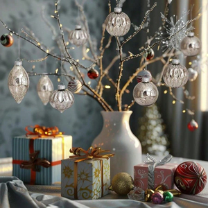 Set di 8 Palline di Natale in Vetro Fatte a Mano, Design Vintage Argento per Albero, Decorazioni Natalizie per la Casa, Ecologiche - Product Image 3