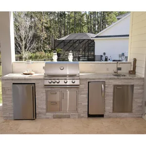 CE Full Set Barbecue Outdoor Kitchen Gas BBQ Grill Built In Islands With Refrigerator And Stone veneer