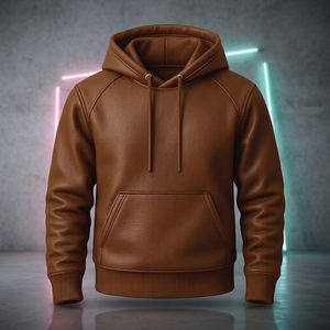 Men's <b>Brown</b> PU <b>Leather</b> Hooded Pullover Sweatshirt Drawstring Kangaroo Pocket Streetwear <b>Jacket</b> - Product Image 1