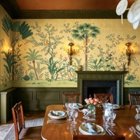 Papier peint tropical palmiers et oiseaux, Murale chinoiserie jaune, Mur d'ambiance de luxe pour Villa, Hôtel, Club, Salle à manger et Chambre