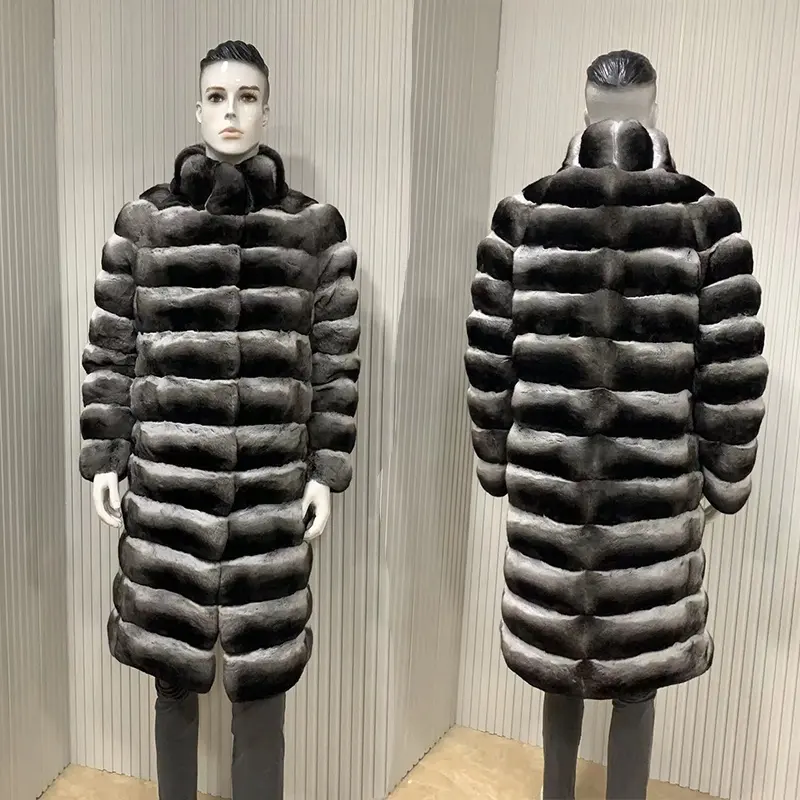 female and men's real chinchilla fur coat longer style genuine detachable chinchilla fur jacket with zipper