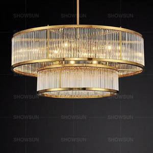 Lustre américain rétro en cristal Creative Simple Nordic Round Living Room Restaurant Villa Long Lustre en cristal double couche - Product Image 1