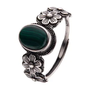 Elegant S925 Sterling Silver Malachite Colorful Ring for Women Vintage Style Personalized Thai Silver Adjustable Jewelry