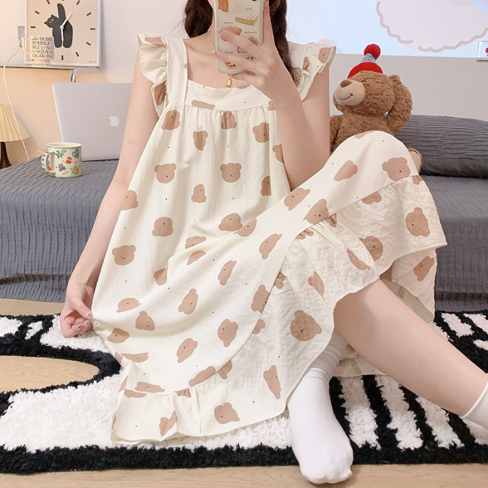 Summer Nightgown Women's Korean-style Sweet Princess Style Woven Bubble Crepe Cotton Nightgown Home Clothes