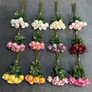 ดอกกุหลาบประดิษฐ์ 9 หัว ขอบไหมสีไหม้ ดอกไม้ผ้าไหมเสมือนจริง สำหรับตกแต่งงานแต่งงาน ตกแต่งบ้าน ช่อดอกไม้ อุปกรณ์ประกอบฉากถ่ายภาพ - Product Image 2