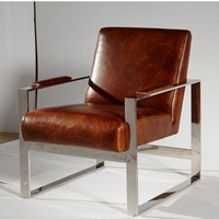 Zigarrenraum Club Hotel Zuhause Schlafzimmer Einzelsofa Edelstahl-Sessel Gepolsterter Echtleder-Loungesessel für Wohnzimmer