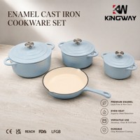 Ensemble de 7 ustensiles de cuisine professionnels en fonte émaillée bleue, comprenant une cocotte ronde, un four hollandais, des casseroles et des poêles compatibles avec l'induction