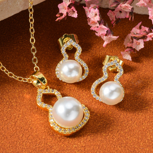 Conjunto de Joyería de Moda al por Mayor, Aretes y Collar con Colgante de Perlas y Circonitas Chapados en Oro de 18k de Primera Calidad para Mujer - Product Image 1