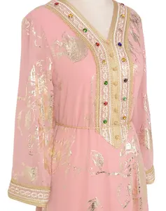 Estate nuova veste di moda dorata con cintura di diamanti ricamati rosa traspirante abito modesto per donne musulmane