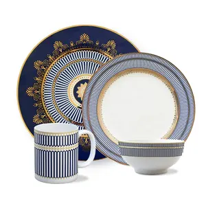 Juego de vajilla de porcelana de lujo de hueso de Dubái, conjunto de platos de cena de cerámica azul, Serie de pared azul, venta al por mayor