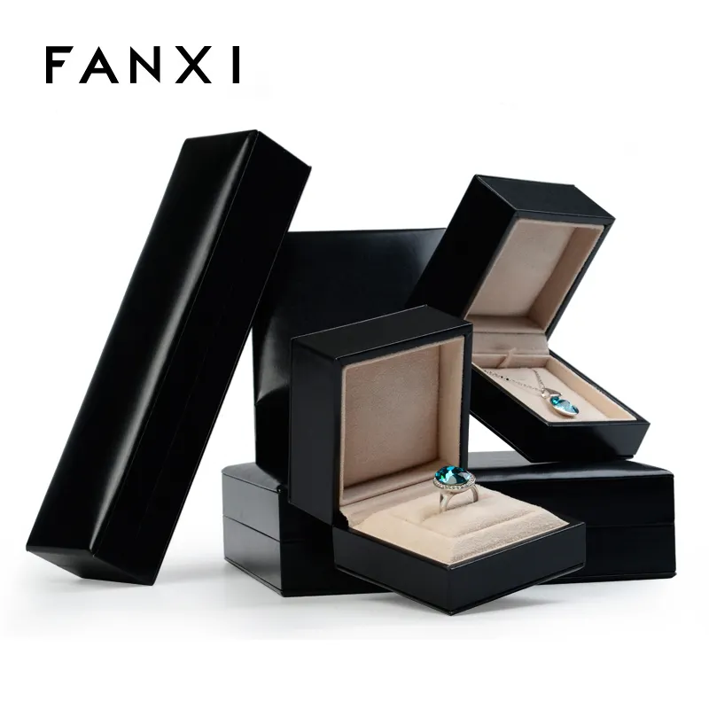 FANXI Custom Logo Top Quality Black PU Leather Suede Insert Boxes Ring Necklace Bracelet Gift Packaging Plastic Jewelry Box
