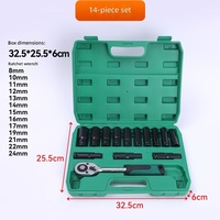ELEHAND OEM 14 Pcs Set Kunci Soket 1/2 Inch Drive 8-24mm, Soket Heksagonal Panjang Metrik, Gagang Ratchet, Peralatan Perbaikan Otomotif