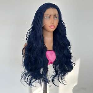 Perruque noire avec cheveux longs ondulés en fibre résistante à la chaleur, sans colle, taille 13*4, perruque synthétique en dentelle haute définition, cheveux mélangés - Product Image 4