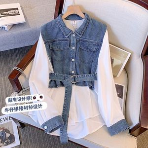 Dames denim patchwork sweatshirts, knoopsluiting, reverskraag, shirt Dames denim patchwork sweatshirts, knoopsluiting, reverskraag, shirt