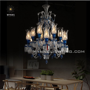 Lustre en cristal moderne luxueux Premier France à 2 niveaux, fleurs bleues en verre, installation suspendue pour hôtel incluse - Product Image 2