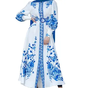 Baju Wanita lengan panjang, pakaian kasual wanita, baju wanita ukuran besar, motif bunga biru dan putih