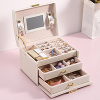 Boîte à bijoux organisateur de voyage en cuir rose avec 3 tiroirs coulissants, miroir et serrure