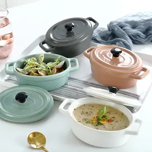 Casseruola in stile nordico bianco opaco ciotola per zuppa a doppio orecchio pentola ovale in ceramica con coperchio