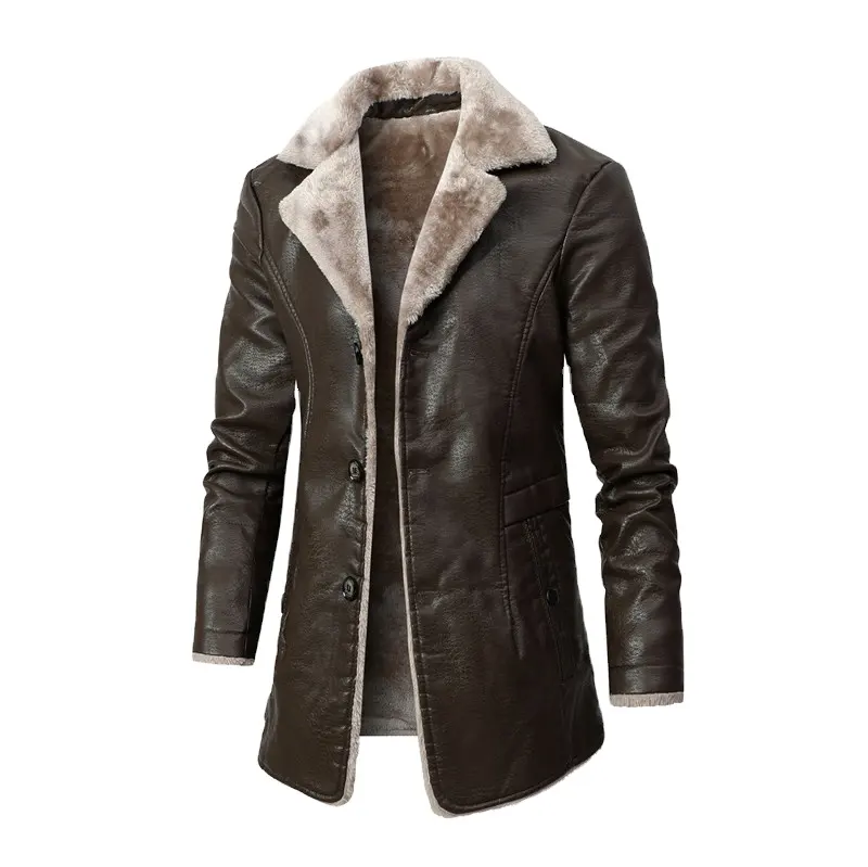 Men's Winter Faux Leather Jacket Lined Fleece Black Brown Pocket Breasted Lapel Coat