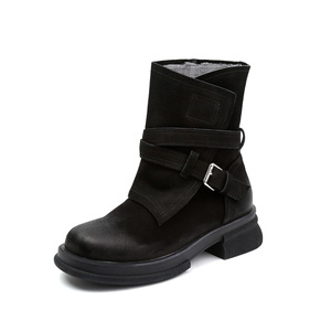 Bottines d'hiver de luxe en cuir de vachette style rétro britannique, confortables, grandes tailles, fermeture éclair, antidérapantes, talon fourré, style western, noires - Product Image 3