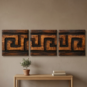 Paneles Decorativos de Pared de Madera de Mango Marrón Hechos a Mano, Diseño Tradicional de Oaxaca Monte Alban, Tríptico, Aqudus Saleem, Venta al Por Mayor - Product Image 3