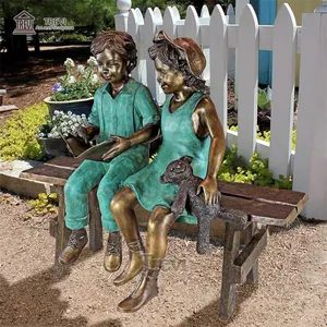 사용자 정의 금속 그림 청동 남자 소년과 소녀 앉아 벤치 동상 조각
