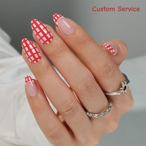 Manicure Press on <b>Nails</b> <b>Set</b> Spring Cute Artificial Press on <b>Nail</b> Wholesale Short Almond Checkerboard French False <b>Nails</b> Press on - Product Image 1