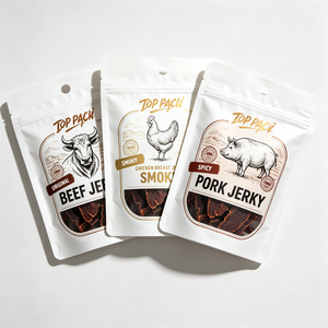 Sachet refermable personnalisé de qualité alimentaire avec fenêtre et trous ronds pour l'emballage de bœuf séché et de snacks à base de viande - Product Image 1