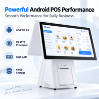 Terminal de point de vente Android à double écran 15,6 pouces RK3576 8 Go 64 Go avec imprimante 80 mm intégrée pour café, restaurant, commerce de détail, comptoir de caisse