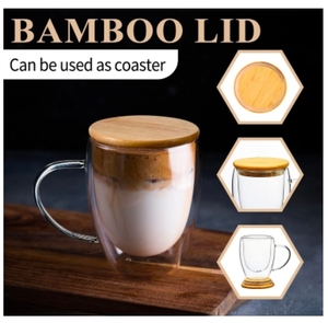 Verrerie de cuisine tasses à café avec couvercle en bambou tasses à thé transparentes isolées à double paroi 12 OZ avec main pour cappuccino/latte/café - Product Image 4